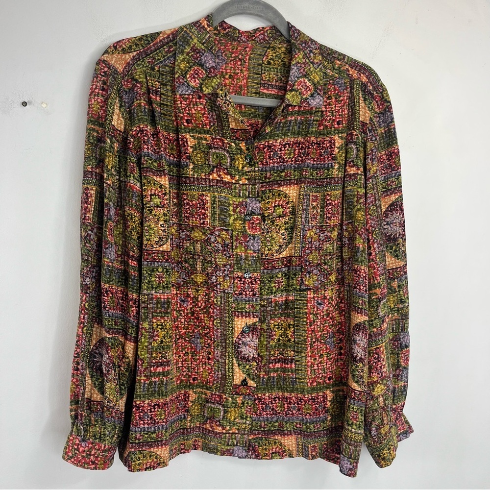 Tessuto Size Large Silk Made in Italy Button Blouse Colorful Geometric Top B9